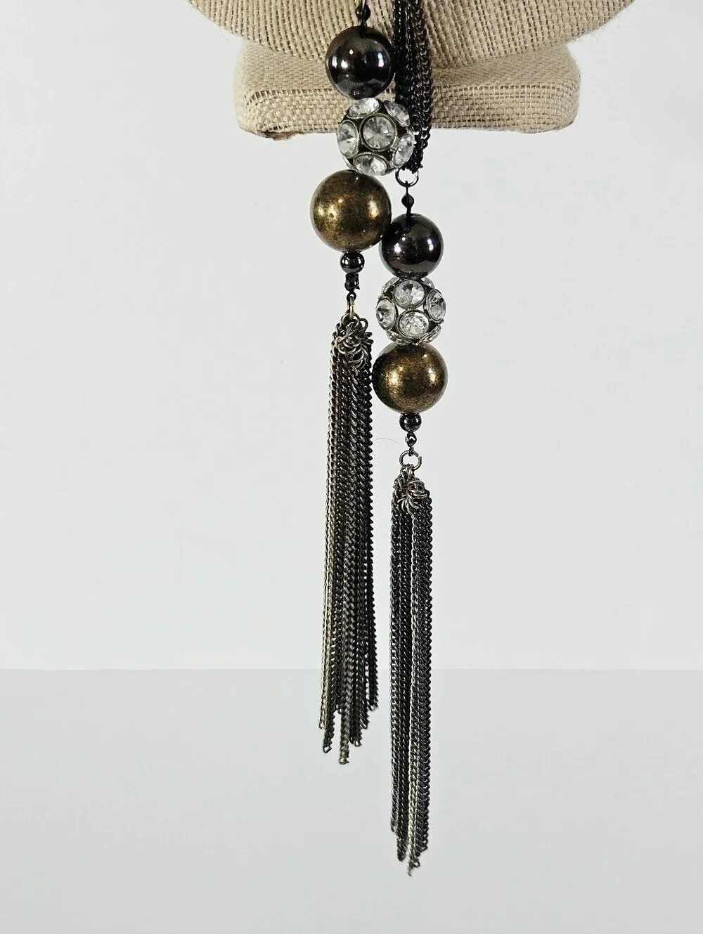 Vintage Y2K Multi-Strand Long Tassel Lariat Fringe Triple Tone Chain Necklace